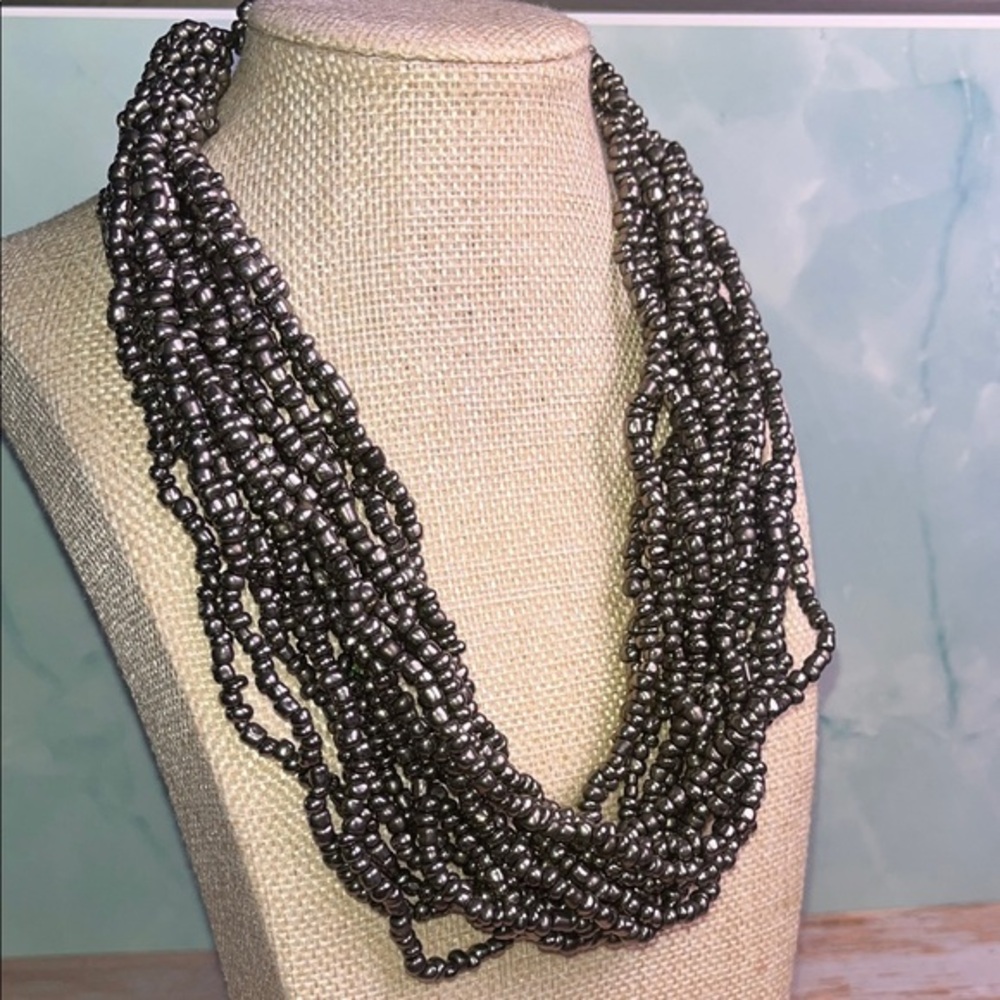 statement necklace multiple (14) strands steel gray beads